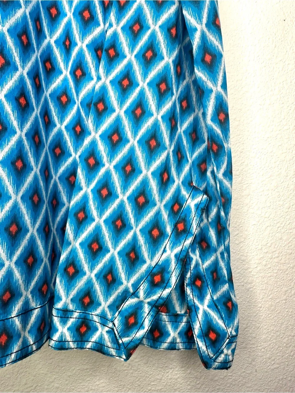 Tory Burch Blue Ikat Diamond Print Cotton Tunic Blouse 6 Long Sleeve Split neck